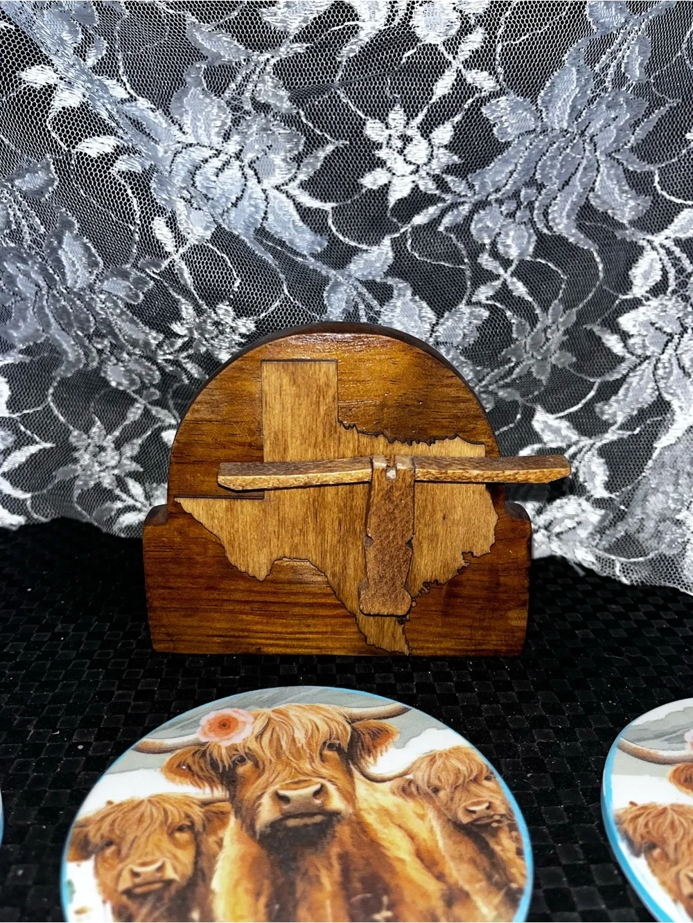 Highland Cow Ceramic Coaster Set with Wooden Holder - Brown and Blue Accent